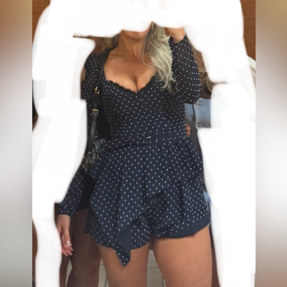 Self-Portrait Dark Blue Polka Dot Belted Romper